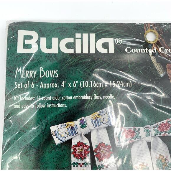 VTG NOS 1996 Bucilla Cross Stitch Kit 6 Christmas Themed Bows 4”x 6” Unopened - Picture 6 of 7